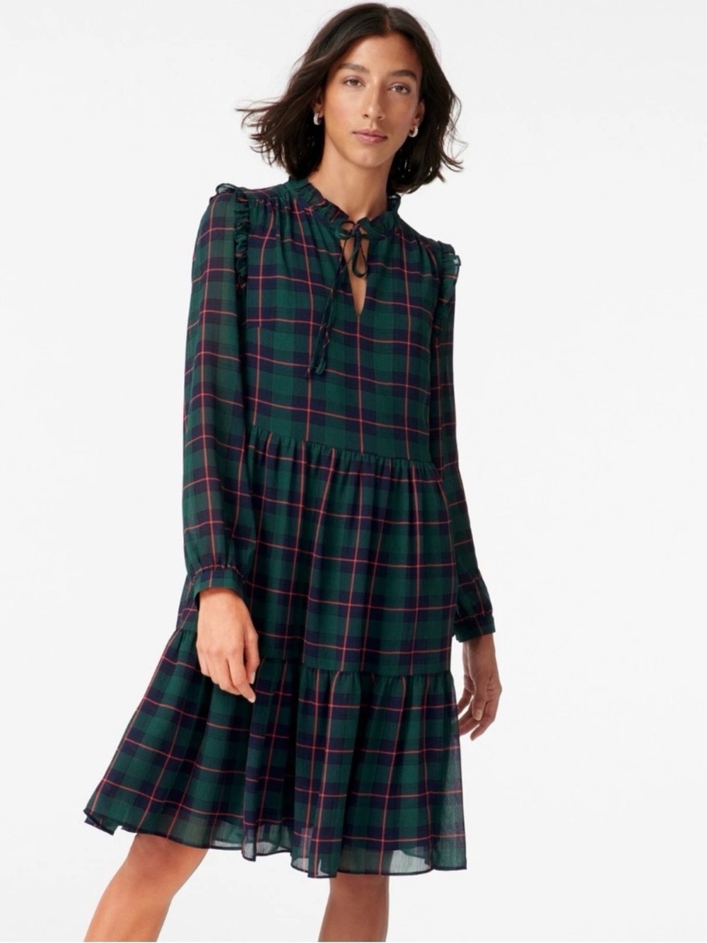 J. Crew XL Black Red + Green Tie Neck Tartan Plaid Holiday Ruffle Dress - Picture 2 of 14
